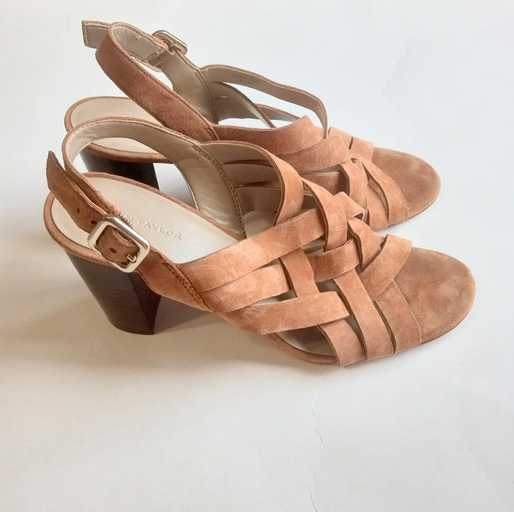 Ann Taylor Camel Suede Woven Brown Block Heel Sandals